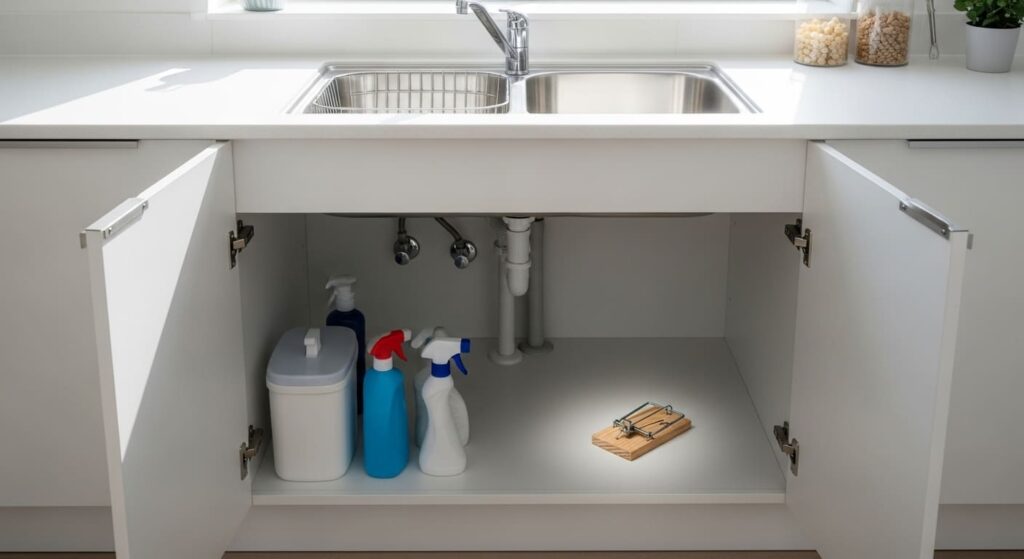 Clear kitchen with Mouse trap under Sink