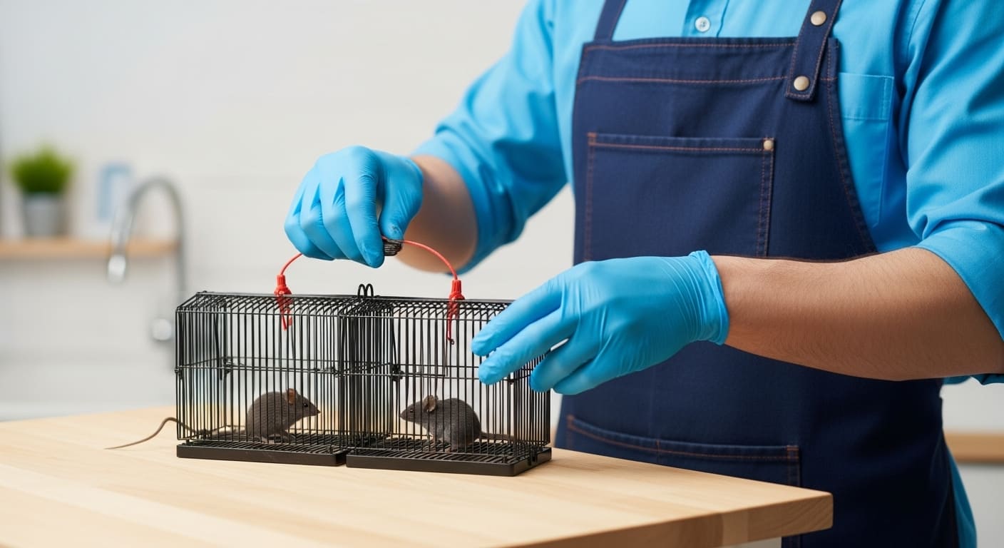 Pest Control technician Handling Mouse trap in Newmarket home Pest Control technician Handling Mouse trap in Newmarket home